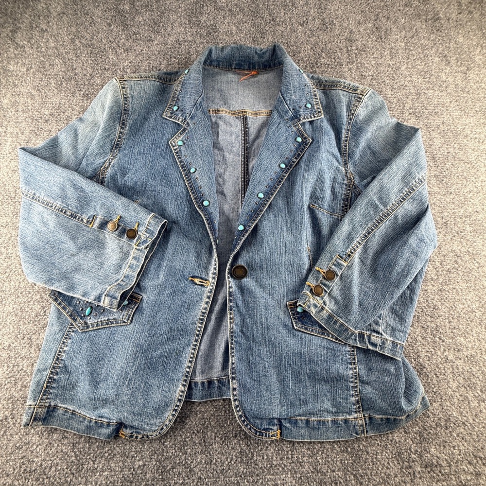 Hearts of Palm Blue Denim Studded Blazer Jacket Turquoise Accents Medium Wash